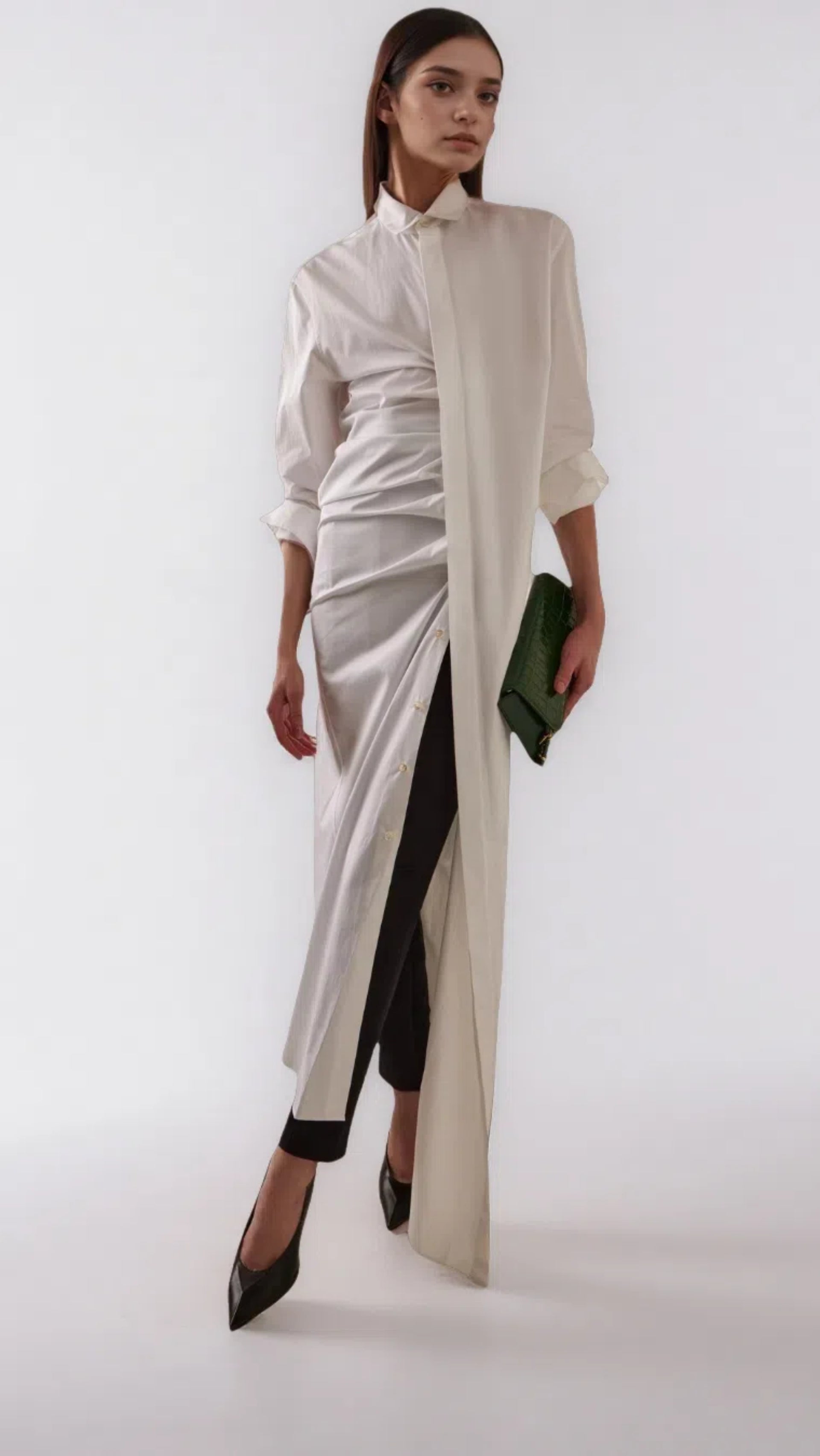 ruched shirt dress white Women's White Ruched Long Sleeve Shirt Dress