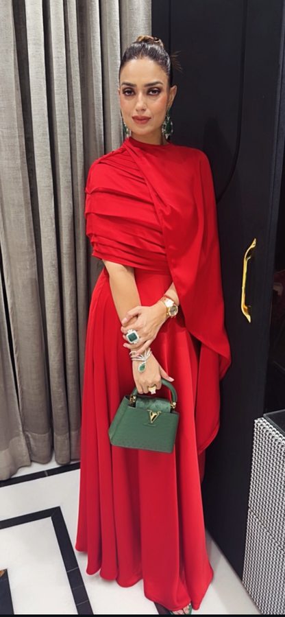 Scarlet Cape Pleat Gown
