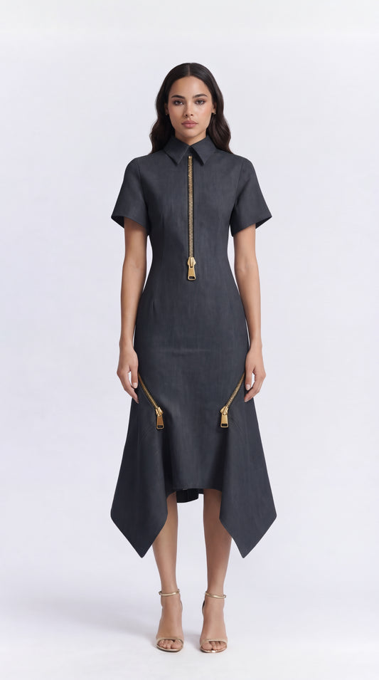 Reverse-Zip Grey Midi