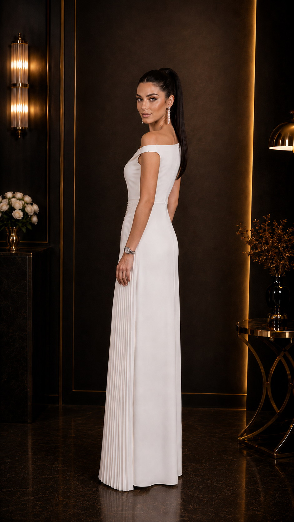 Ivory Pleated Drape Dress