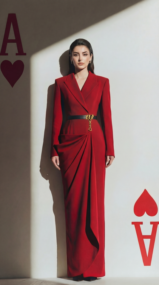Crimson Blazer-Drape Dress