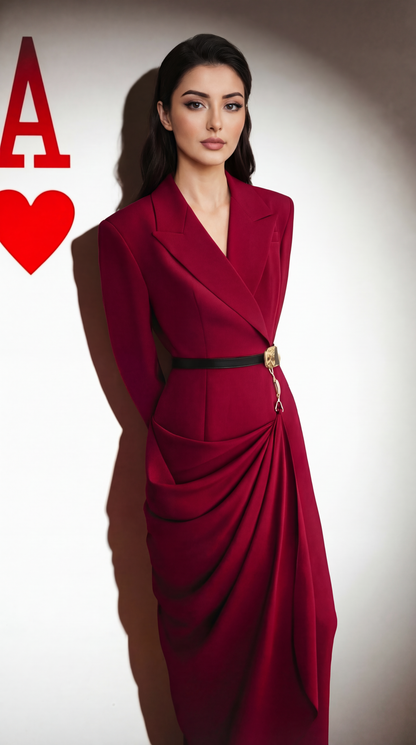 Crimson Blazer-Drape Dress